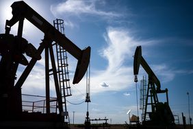 Oil pump jacks operating in an oil field in Stanton, Texas
