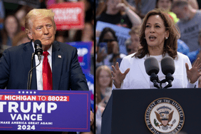 Side-by-side photos of Republican presidential candidate Donald Trump and Democratic candidate Kamala Harris speaking at campaign rallies.