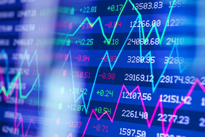 An illustration of stock-market data on a screen. 
