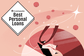 The image features a graphic with the title “Investopedia Best Personal Loans” inside a diamond-shaped white area. Surrounding it are stylized illustrations of coins, sparkles, and a person being lifted by a large magnet-like object, symbolizing financial attraction or solutions. The background is in shades of pink and red, suggesting themes of monetary assistance or credit-related topics.