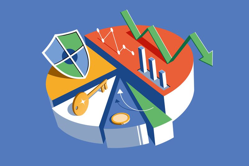 Illustration of a pie chart with financial symbols, depicting different pieces of an investment portfolio.
