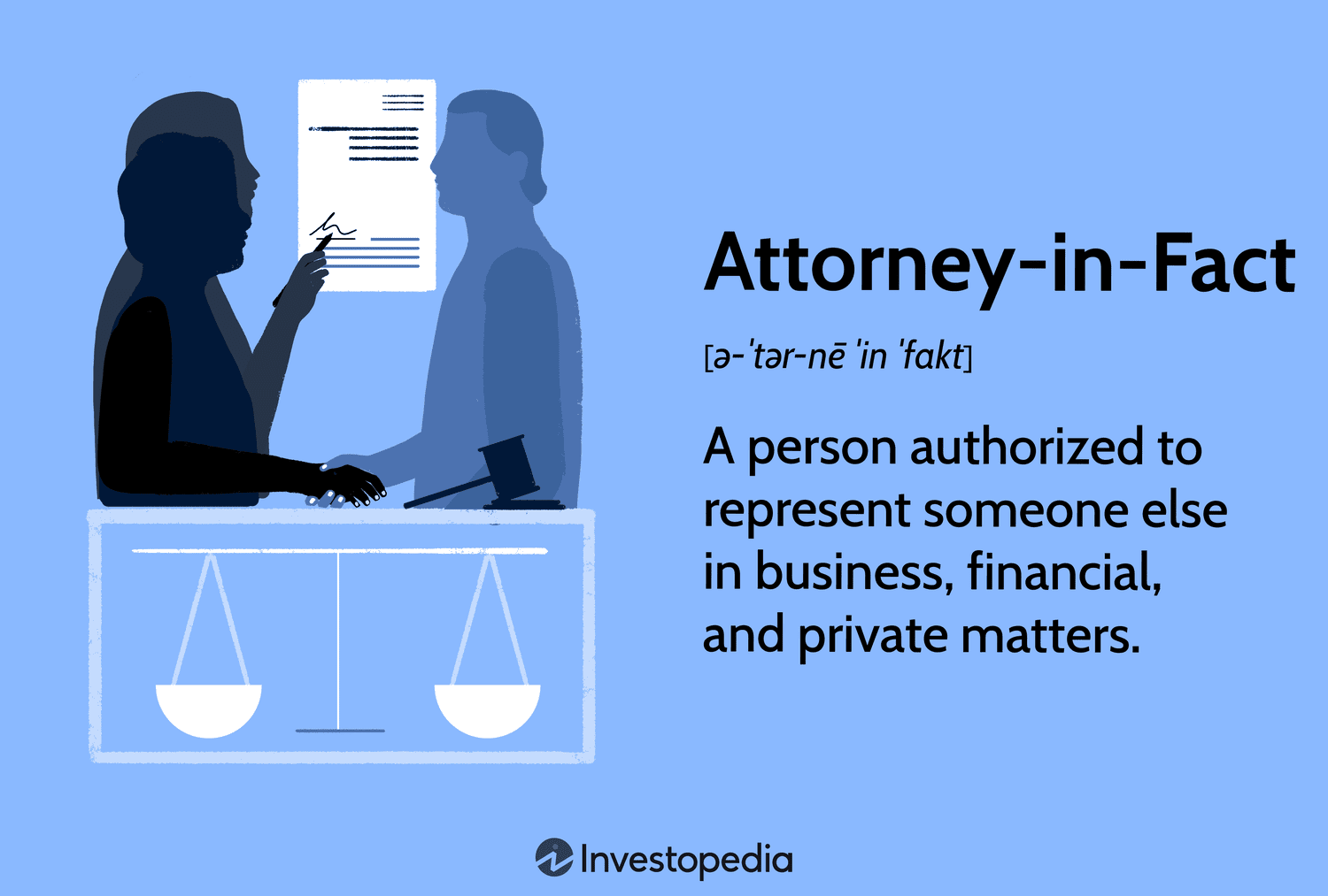 Attorney-in-Fact: A person authorized to represent someone else in business, financial, and private matters.