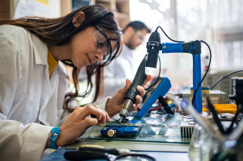 Young person working with a soldering gun and a digital chip in a vocational classroom