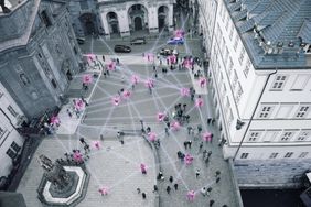 People in street connected by blockchain