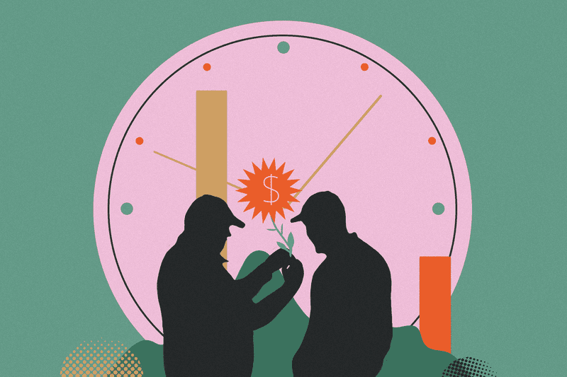 Silhouetted figures in front of a clock, holding a small plant with a dollar sign symbol in an abstract design.