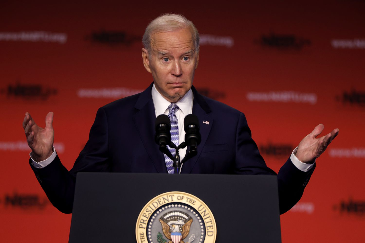 U.S. President Joe Biden addresses the North America's Building Trades Unions legislative conference at the Washington Hilton on April 25, 2023 in Washington, DC. Earlier in the day, Biden released a video where he officially announced his re-election campaign. 