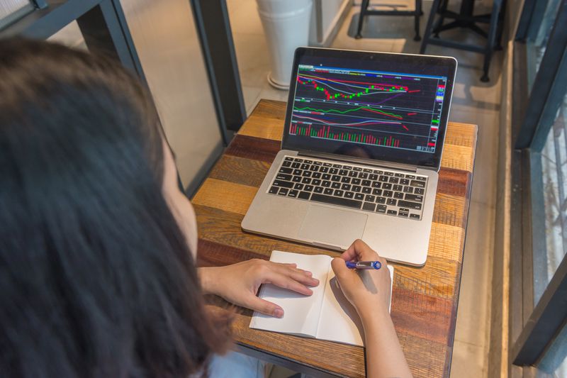 An options trader writes notes as they review price and momentum indicators before placing a single payment options order.