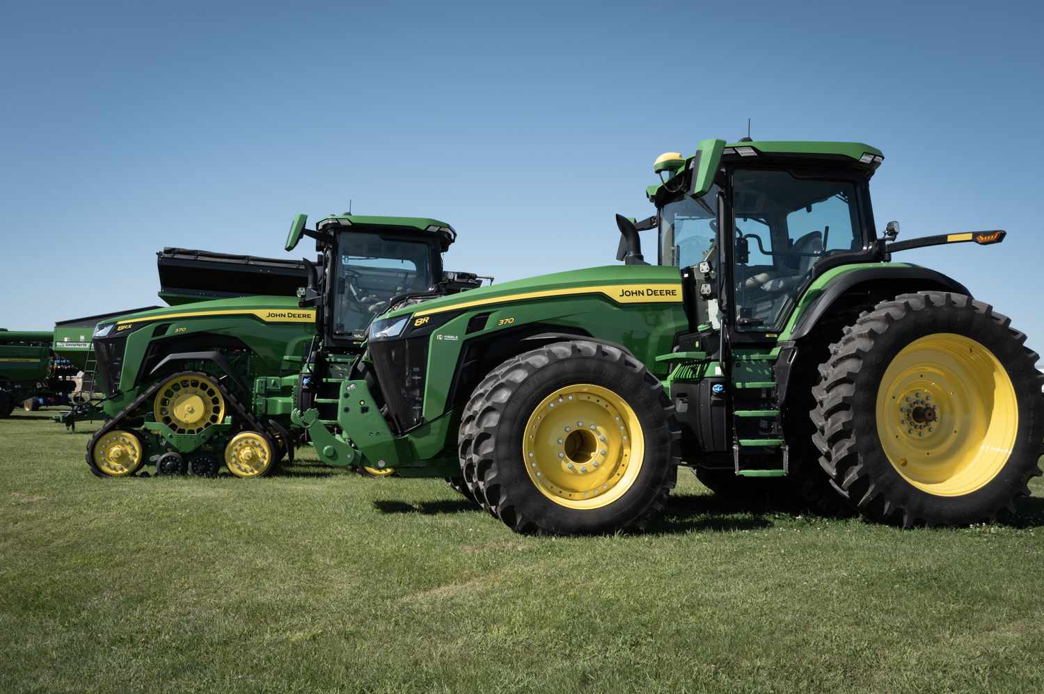 John Deere farm equipment is offered for sale at a dealership on August 10, 2024 in Osage, Iowa