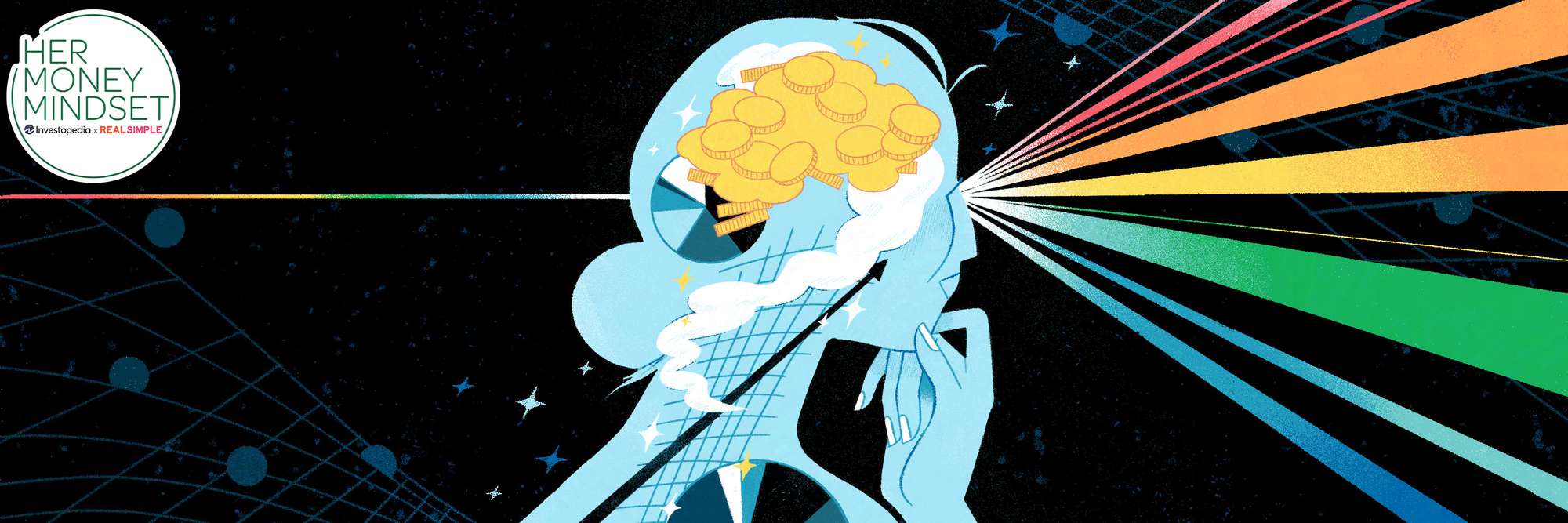 Illustration of a woman thinking about money and financial decisions. 