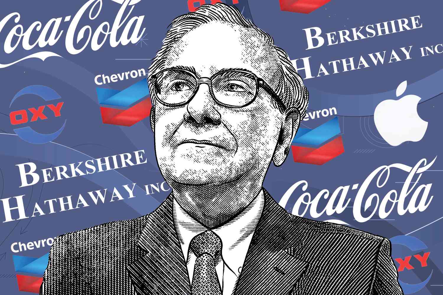 An illustration of Warren Buffett is layered on top of various logos of companies Berkshire Hathaway has holdings in. 