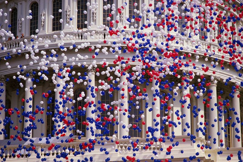 Detail of Capitol Building With Red, White, and Blue Balloons