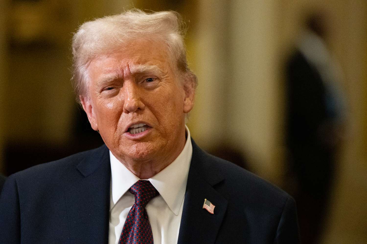 President-elect Donald Trump speaks to the press following a meeting with Senate Republicans at the U.S. Capitol Building in Washington, DC on January 8, 2025. 