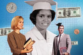 In this illustration, college students are shown with money and coins around them.