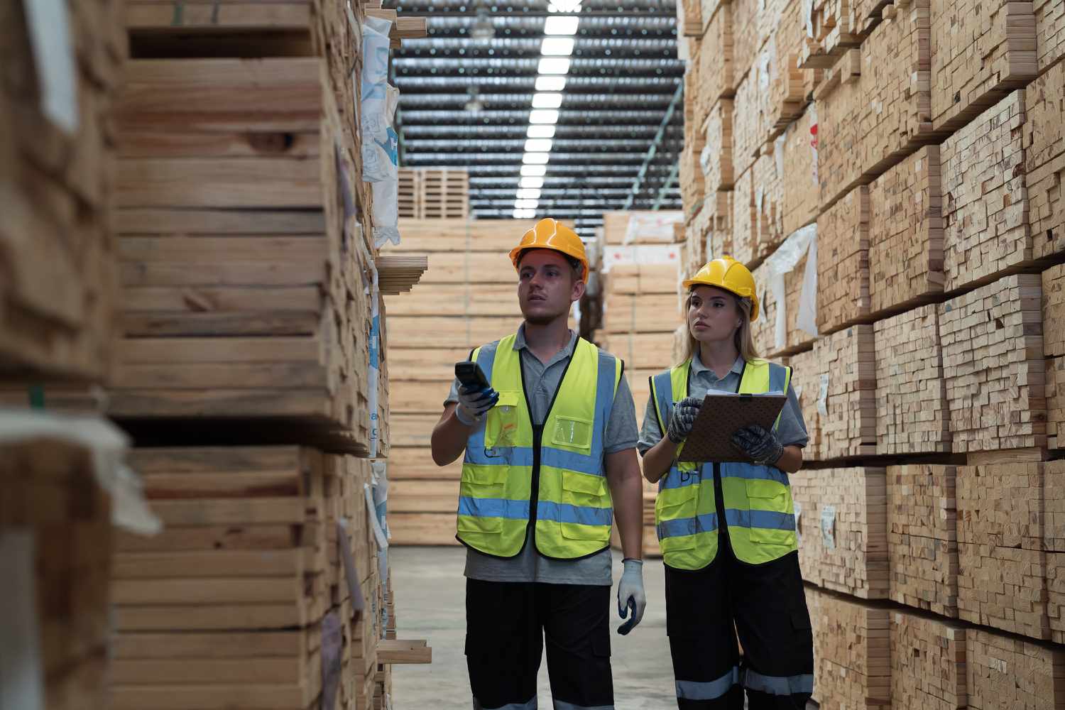 Warehouse workers walking around in timber storage warehouse.