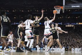 Action in last year's NCAA men's tournament championship game between the University of Connecticut and Purdue University. 
