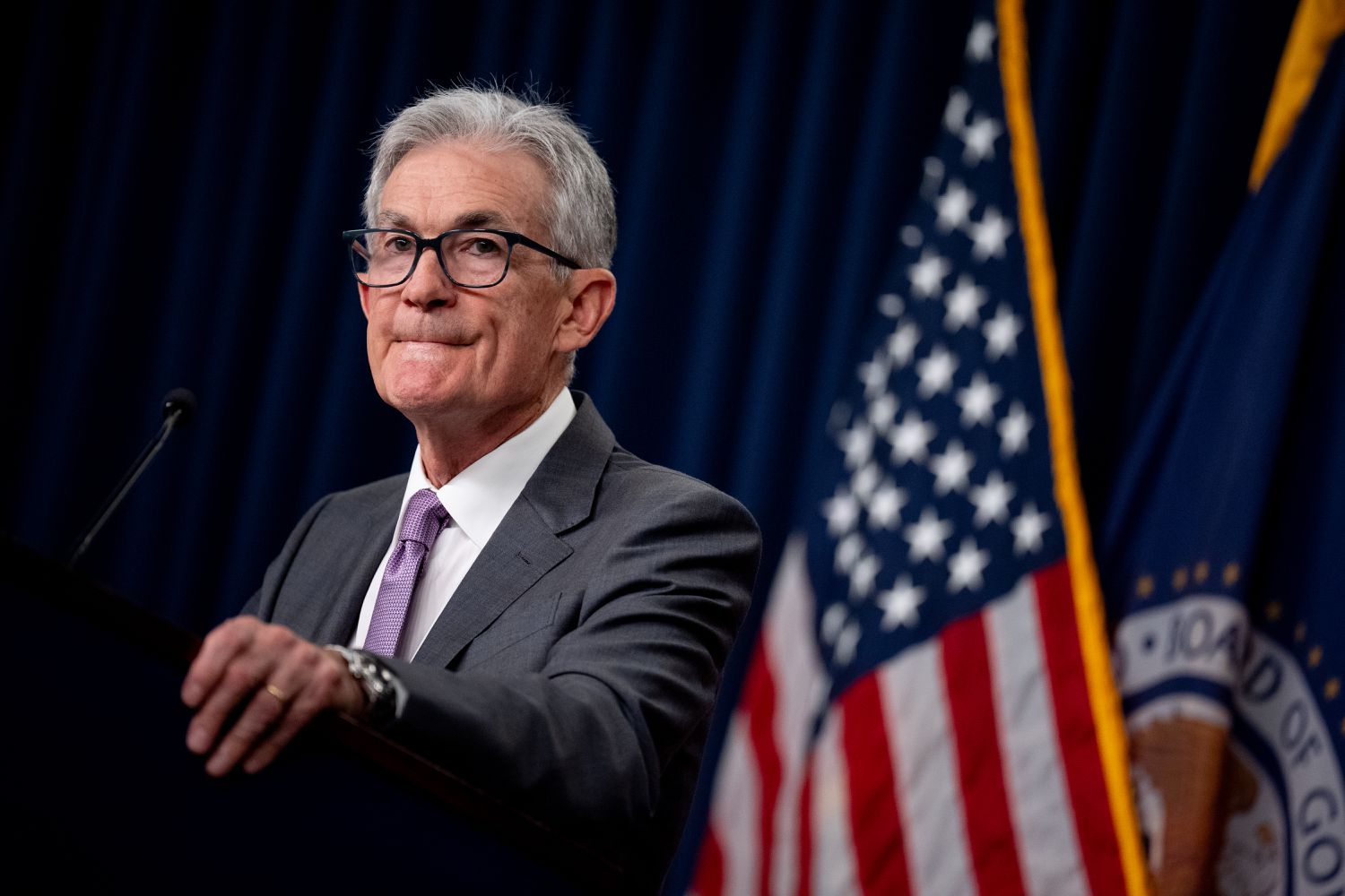 Federal Reserve Chairman Jerome Powell takes a question from a reporter at a news conference following a Federal Open Market Committee meeting at the William McChesney Martin Jr. Federal Reserve Board Building on July 31, 2024 in Washington, DC. Powell spoke to members of the media after the Federal Reserve held short-term interest rates where they are with broad expectations that the rate with drop in September.