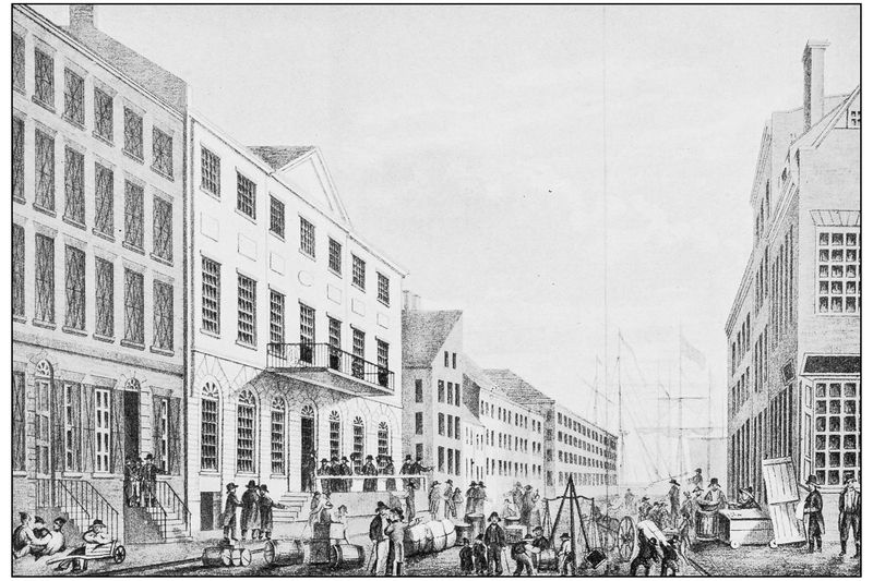 A historical image of New York's financial district showing a Tontine Building on Wall Street in 1797.
