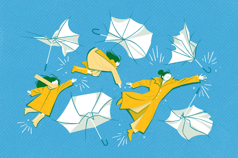 Illustration of five umbrellas in the air.
