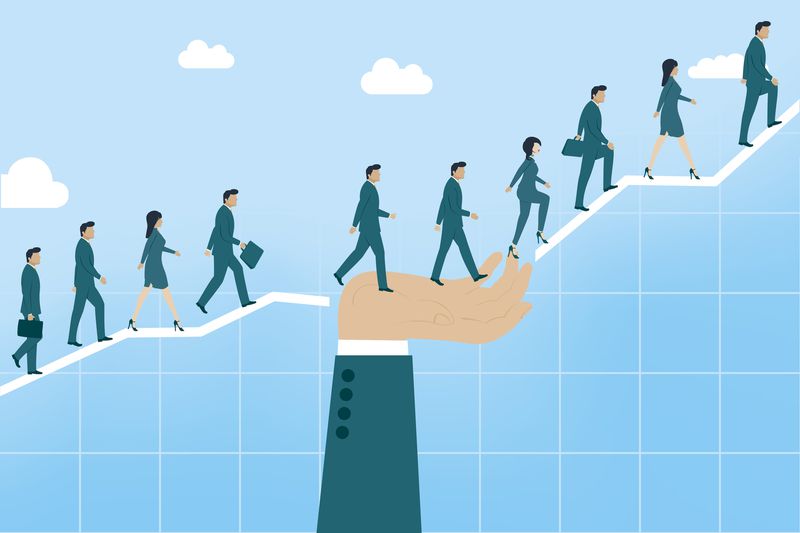 A group of business people walking up a graph with a sky in the background.