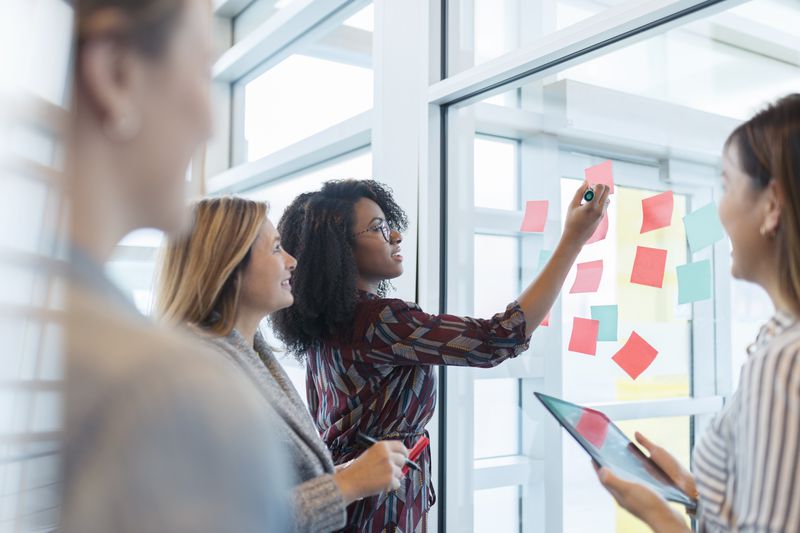 Four business partners use sticky notes to visualize how production and work will flow after they spin off a portion of the company.
