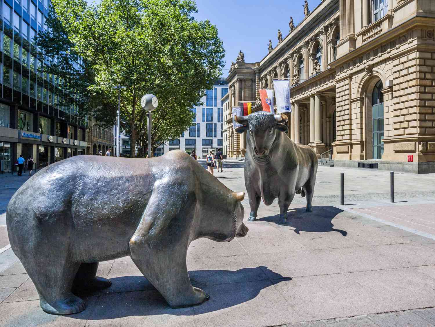Hesse, Frankfurt, Germany at the Frankfurt Stock Exchange is a bull and a bear statue facing off.
