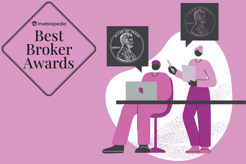 Image shows "Best Broker Awards" in the top left corner, with one person looking at a computer as another person looks at a piece of paper while also holding a pencil. Above them are images of pennies. 