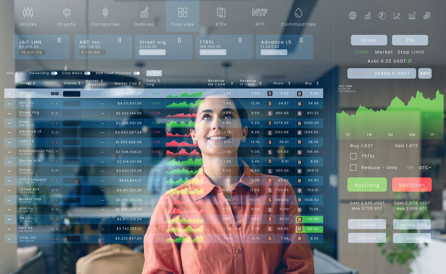 A woman smiling while looking at a transparent digital interface displaying financial data and charts