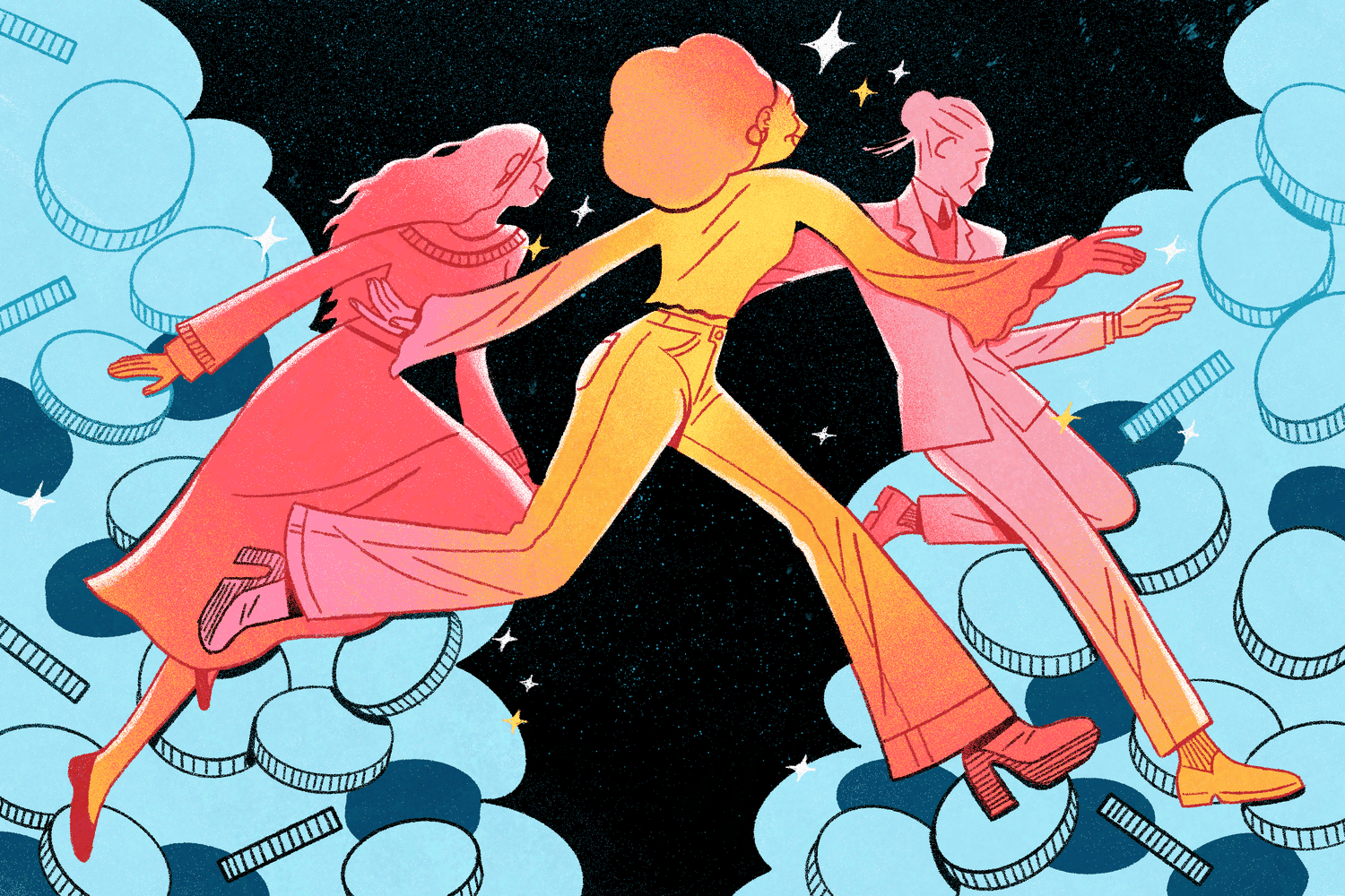 Illustration of three women dancing in from of clouds make of coins with a starry sky behind them and sparkles in the air.