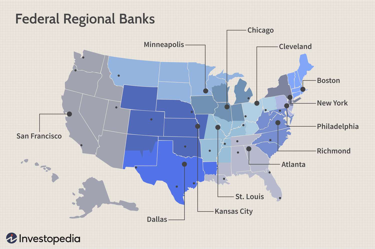 A map of the U.S. noting the locations of the Federal Reserve Banks