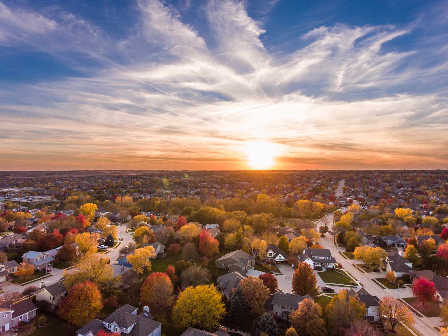 A suburban neighborhood, aerial view