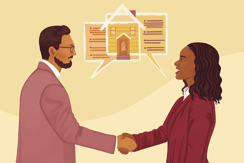 Two people shaking hands after negotiating closing costs.