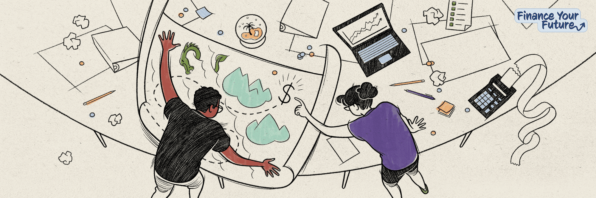 Illustration of two people looking at a map and their savings calculations to plan for retirement. 