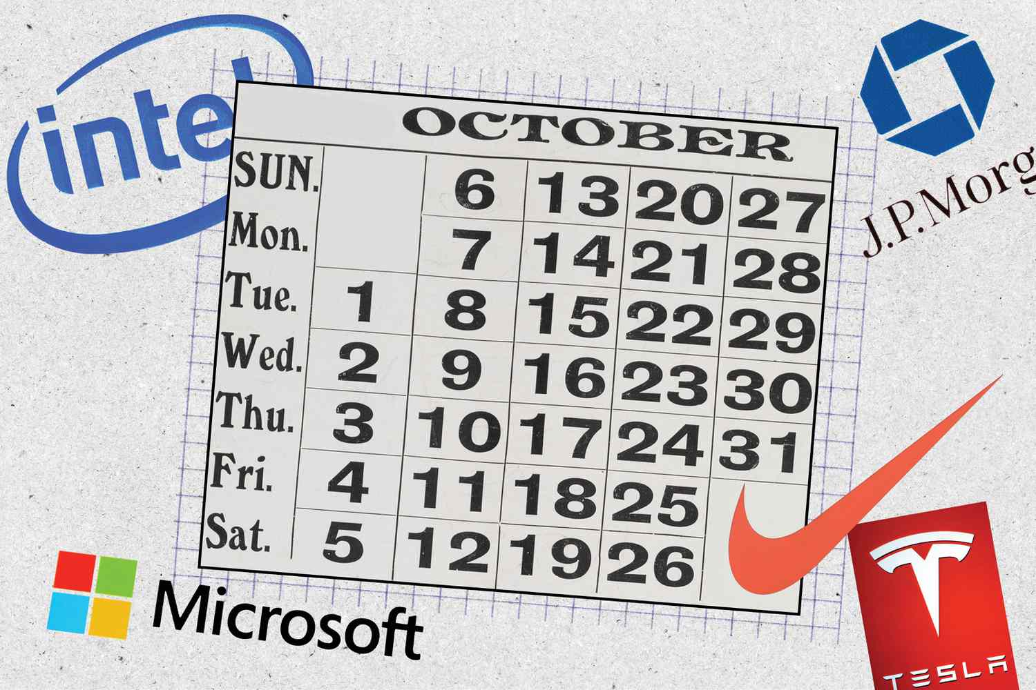 Photo collage of October calendar and Tesla, Nike, Microsoft, Intel, and JPMorgan logos.