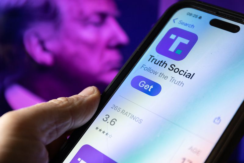 A smartphone screen displays the logo of Donald Trump’s Truth Social app