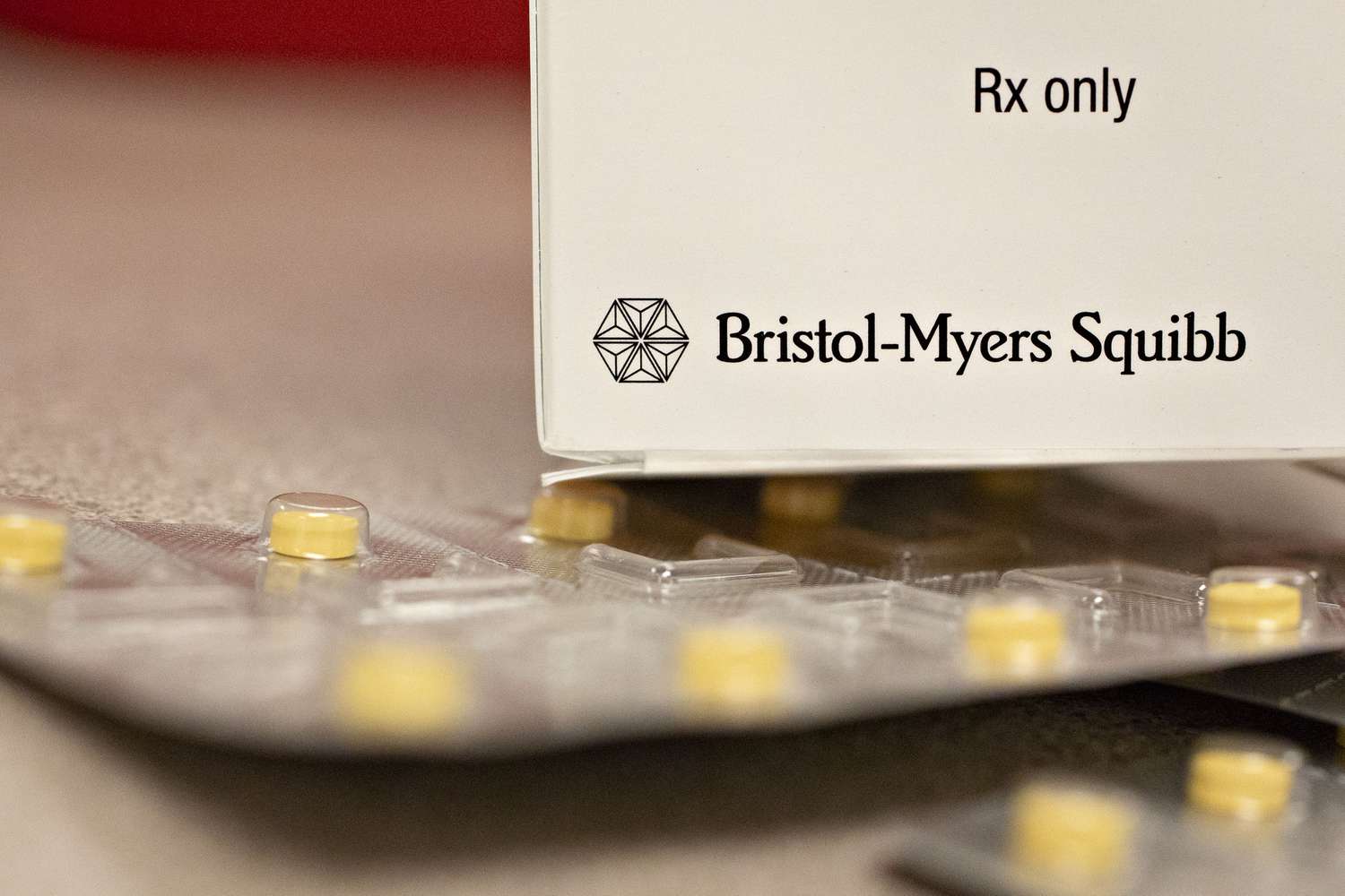 Bristol-Myers Squibb Co. signage is displayed on a prescription medicine box.