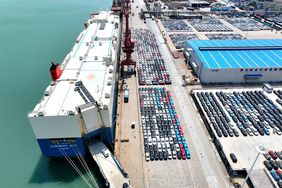 A roll-on/roll-off vessel was parked at Berth 58 of Lianyungang Port to load export vehicles in Lianyungang City, Jiangsu Province, China on May 27, 2025.