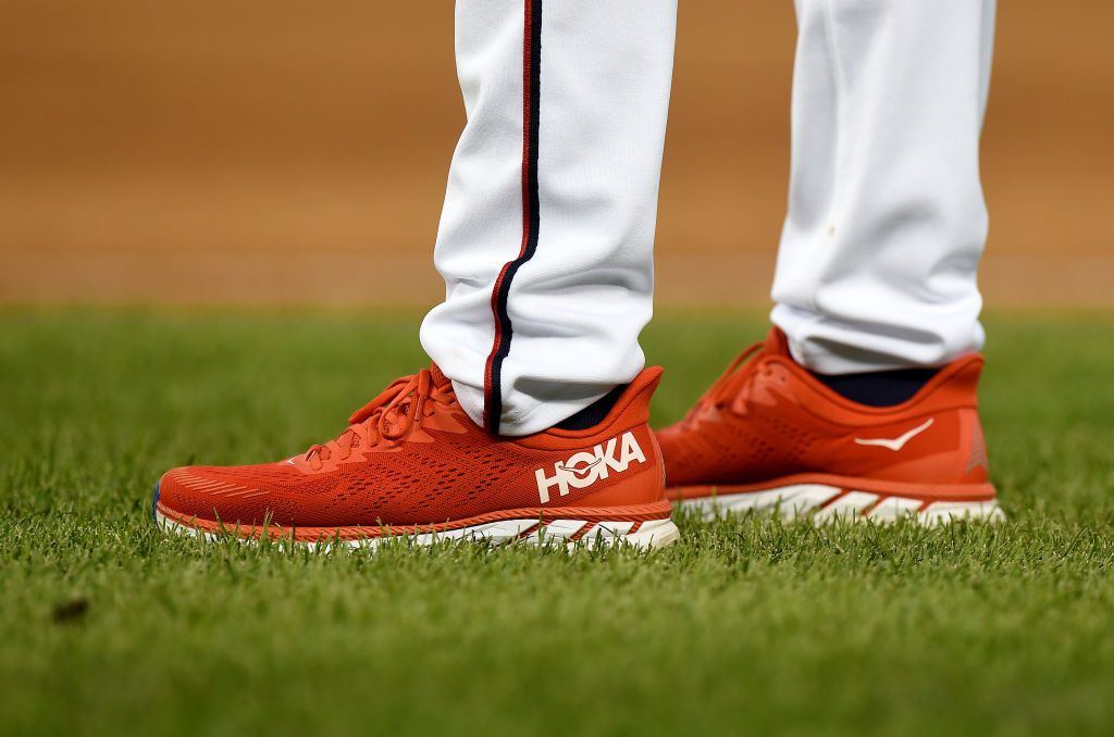 Randy Knorr #53 of the Washington Nationals wears HOKA shoes during the game against the Pittsburgh Pirates at Nationals Park on June 15, 2021 in Washington, DC.