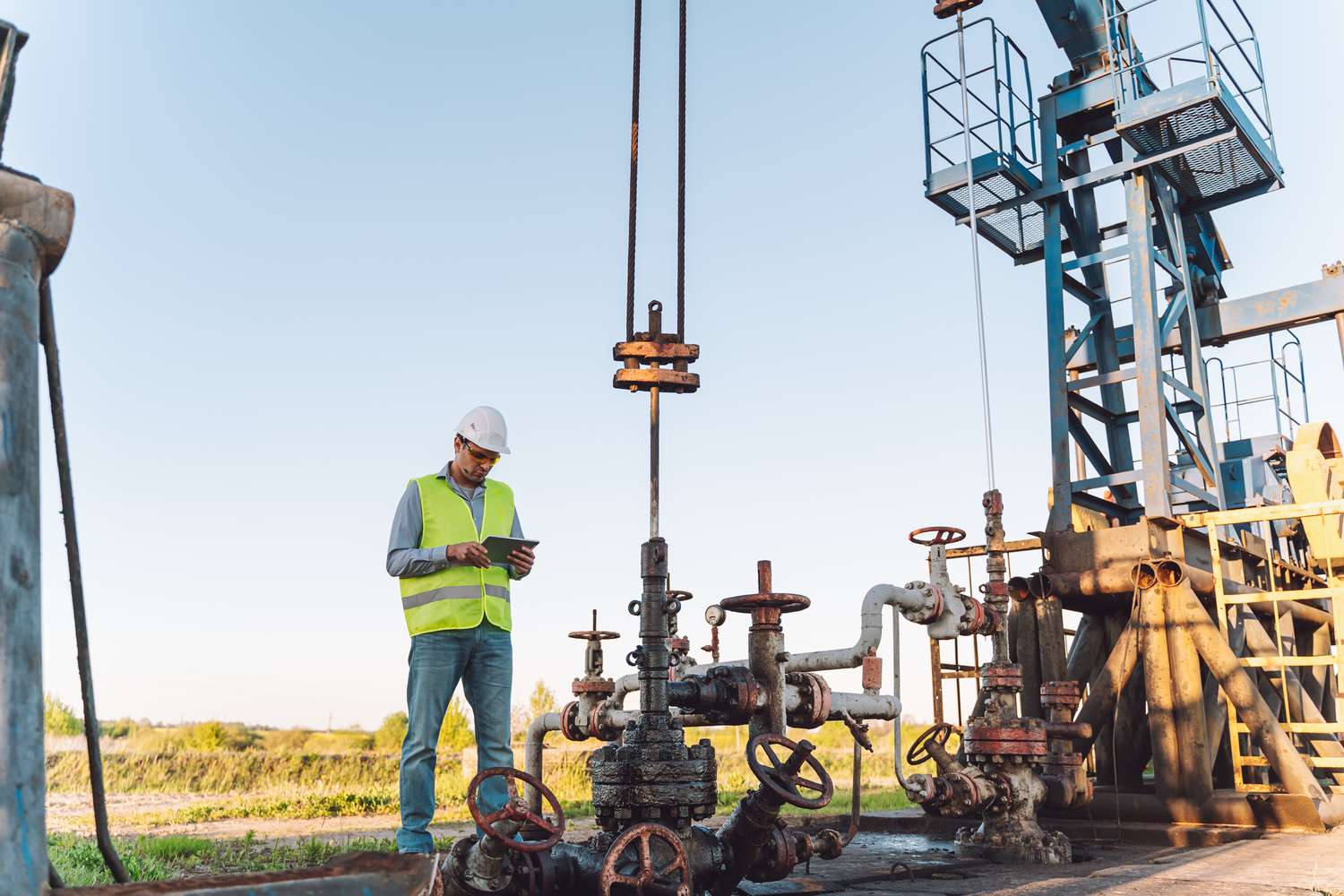 Manager in helmet and protective garment analyzing data near an oil drilling site