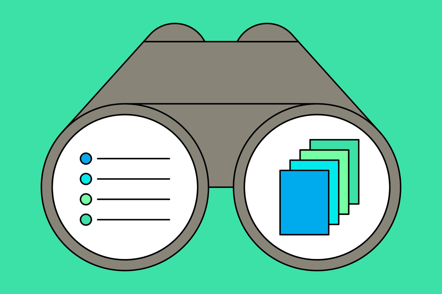 Illustration of binoculars with list and pages icons in the lenses