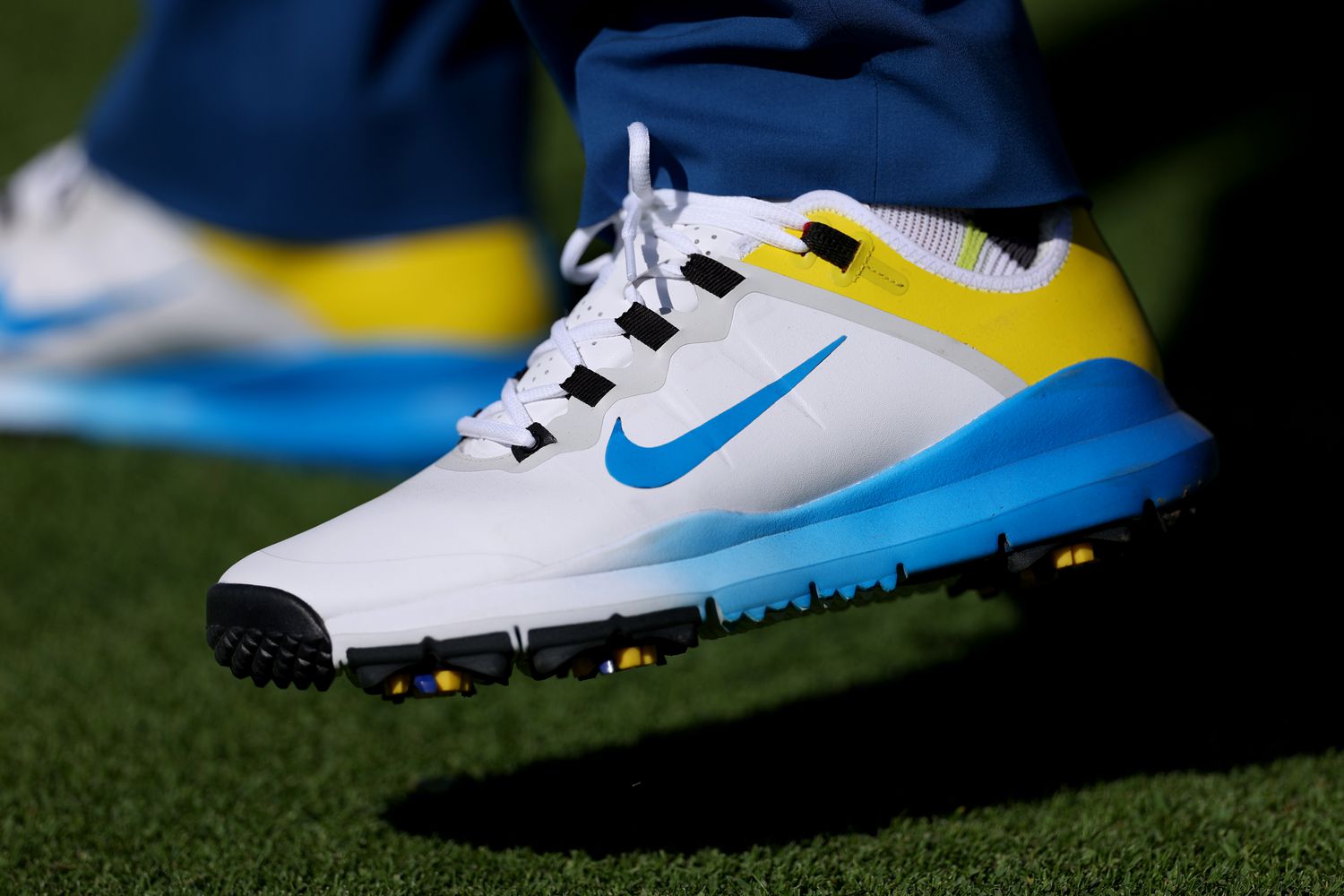A detail view of the Nike golf shoes