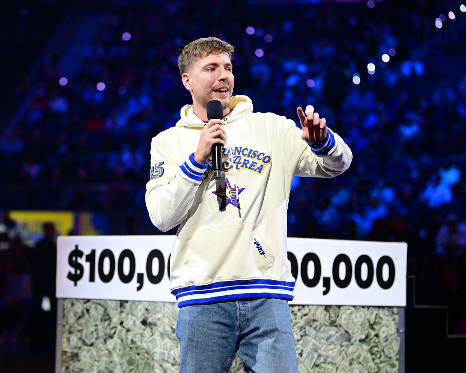 MrBeast speaking at the NBA All-Star Game in February 2025