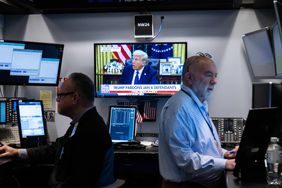 US President Donald Trump displayed on a television during a news broadcast on the floor of the New York Stock Exchange 