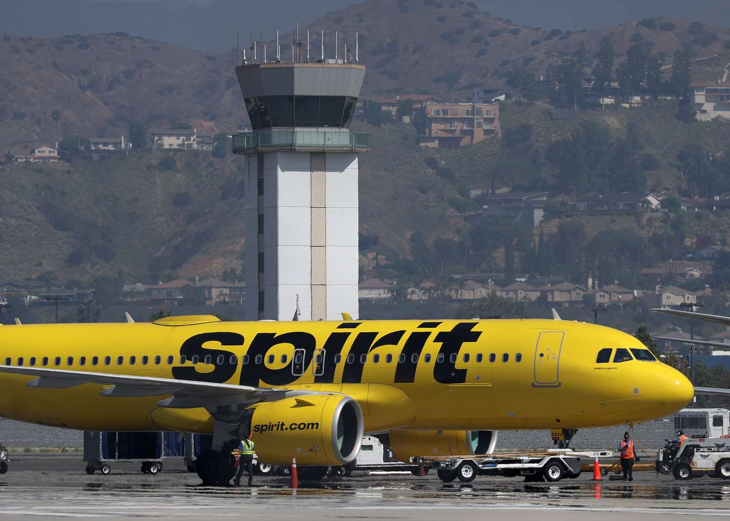 A Spirit Airlines plane at Hollywood Burbank Airport in California 