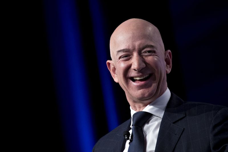 Jeff Bezos, founder and chief executive officer of Amazon.com Inc., laughs during a discussion at the Air Force Association's Air, Space and Cyber Conference in National Harbor, Maryland, U.S., on Wednesday, Sept. 19, 2018. 