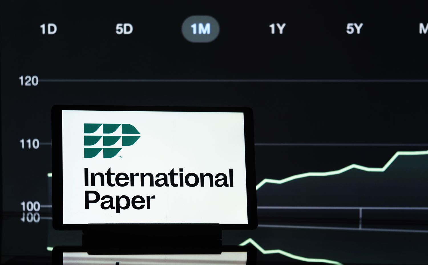 The International Paper logo is displayed on a phone screen, with a stock chart in the background.