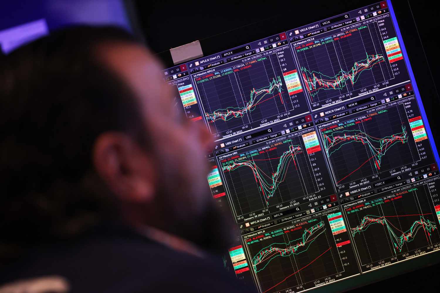A man's face appears out of focus in front of several screens depicting stock charts