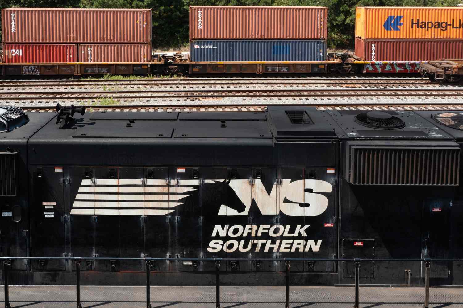 Norfolk Southern cargo train in a rail terminal