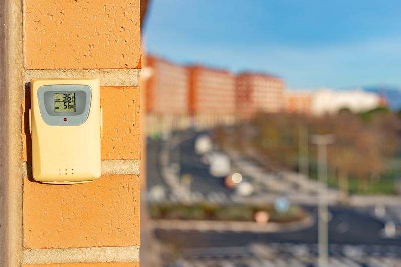 A thermometer on the outside of a building shows high temperatures on a sunny day.