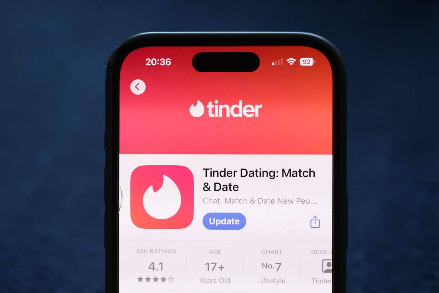 Tinder on App Store displayed on a phone screen is seen in this illustration photo taken in Poland on June 5, 2024