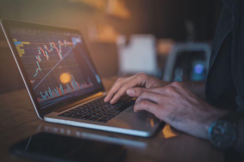 A person looks at stock market charts on a computer